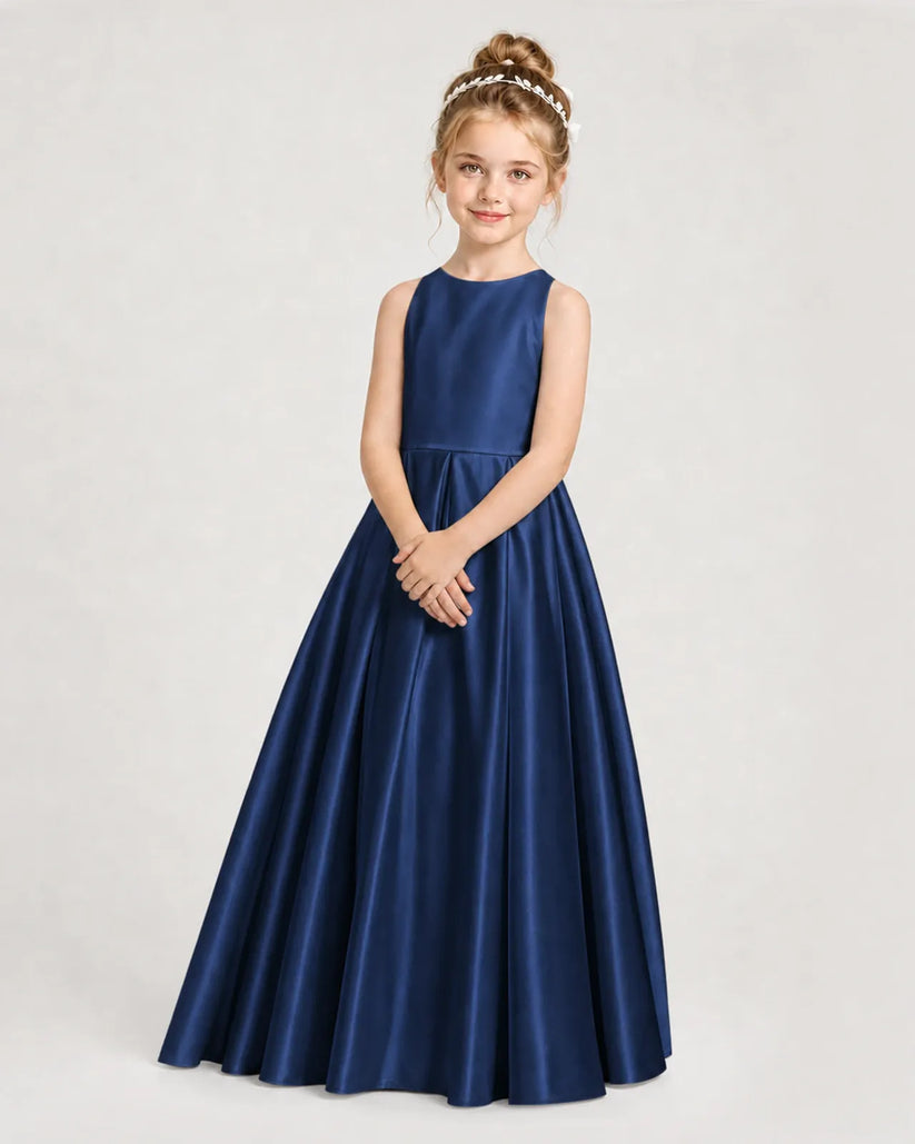 Navy Blue Satin A-line Girls Formal Dress Side View