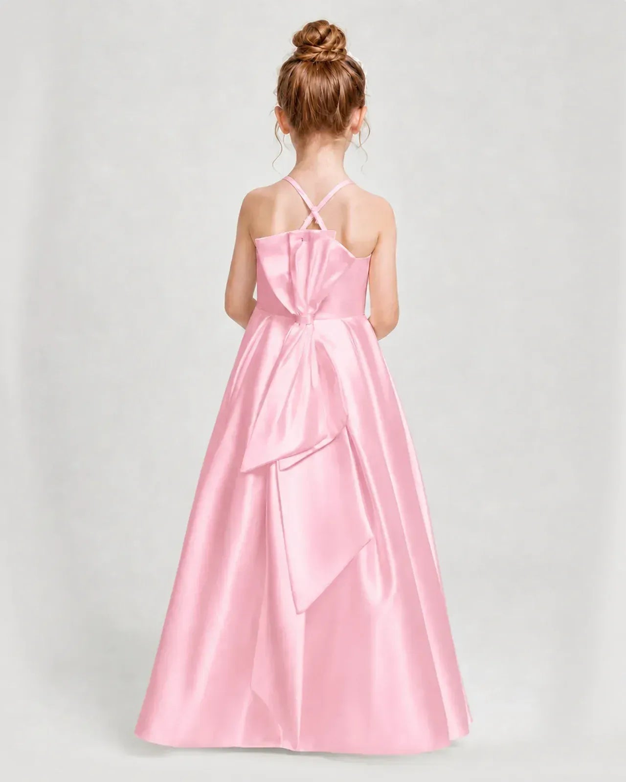 Pink Satin A-line Girls Formal Dress Back View