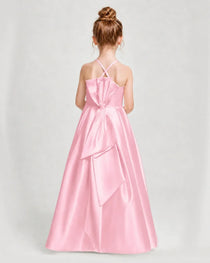 Dideyttawl Girls Formal Dress Halter Neck Bow Back Satin Floor-Length Gown