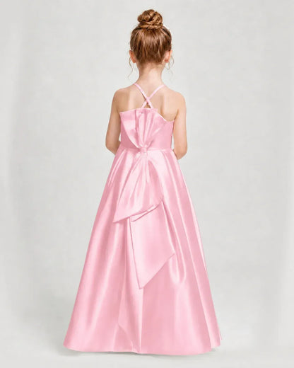 Pink Satin A-line Girls Formal Dress Back View