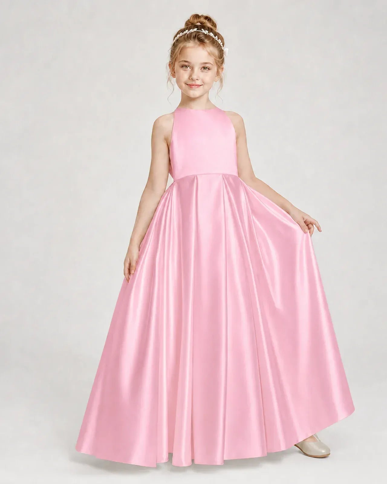 Pink Satin A-line Girls Formal Dress Front View