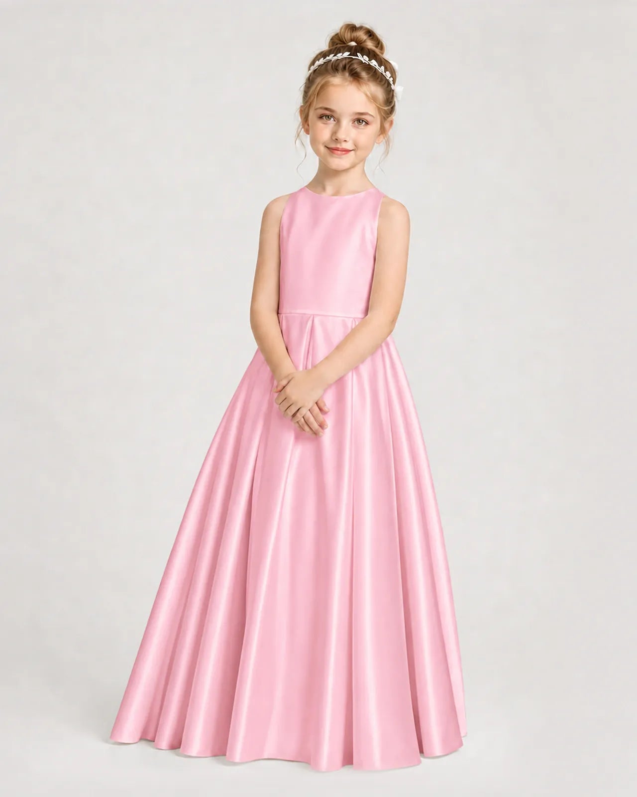 Pink Satin A-line Girls Formal Dress Side View
