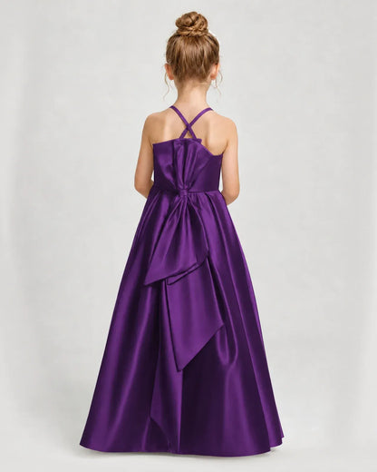 Purple Satin A-line Girls Formal Dress Back View