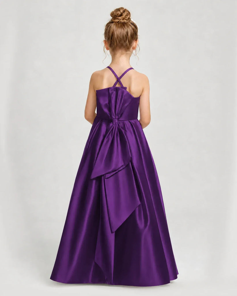 Purple Satin A-line Girls Formal Dress Back View
