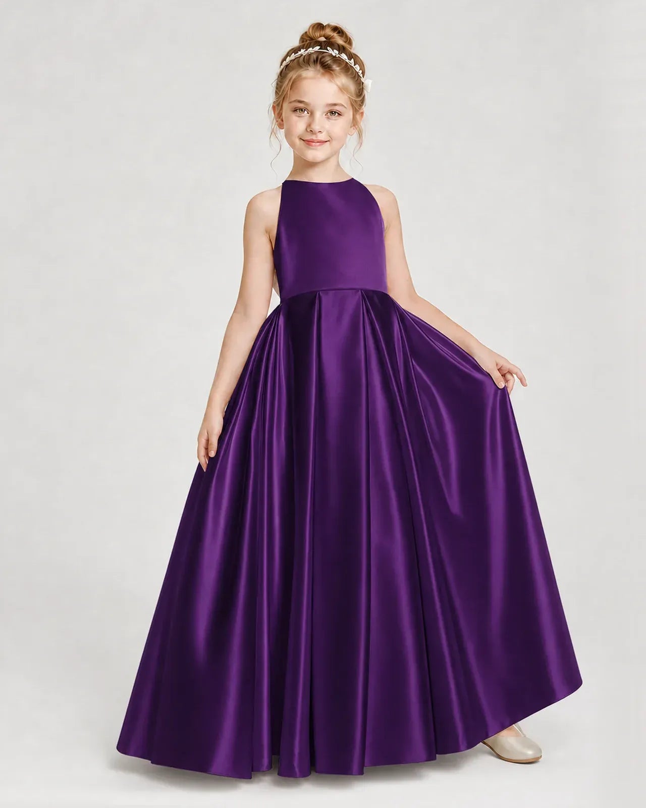 Purple Satin A-line Girls Formal Dress Front View