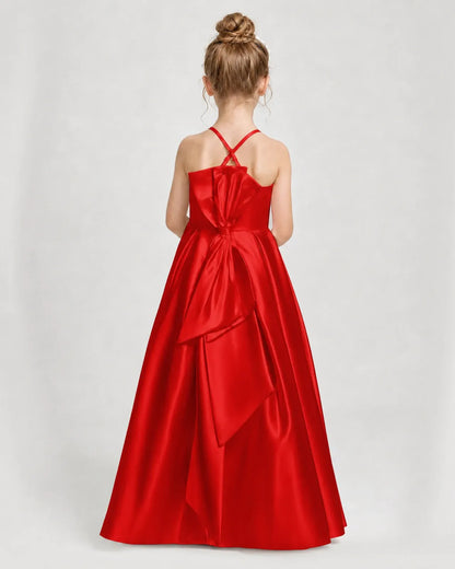 Red Satin A-line Girls Formal Dress Back View