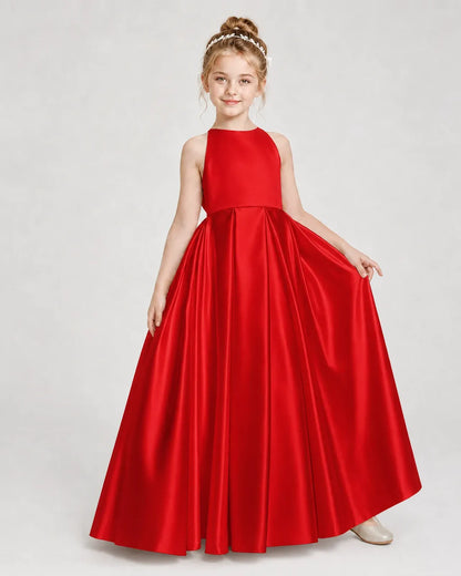 Red Satin A-line Girls Formal Dress Front View
