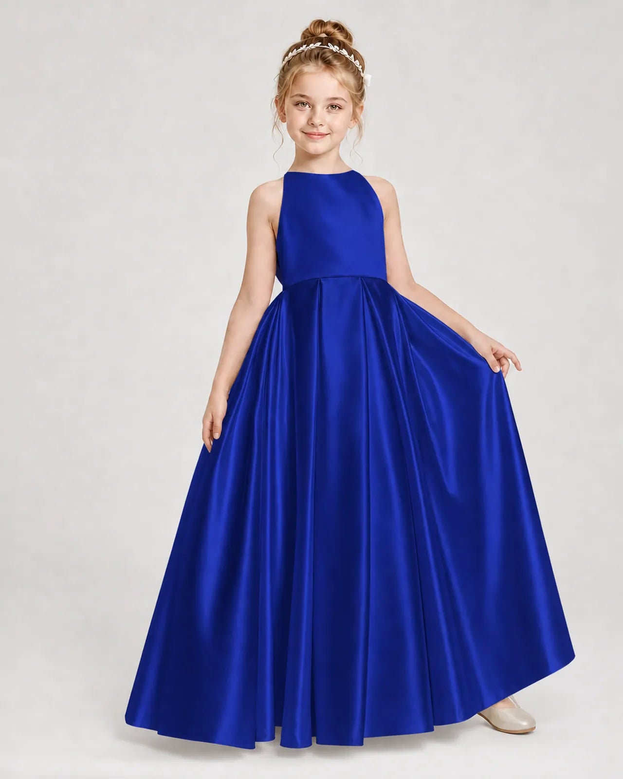Royal Blue Satin A-line Girls Formal Dress Front View