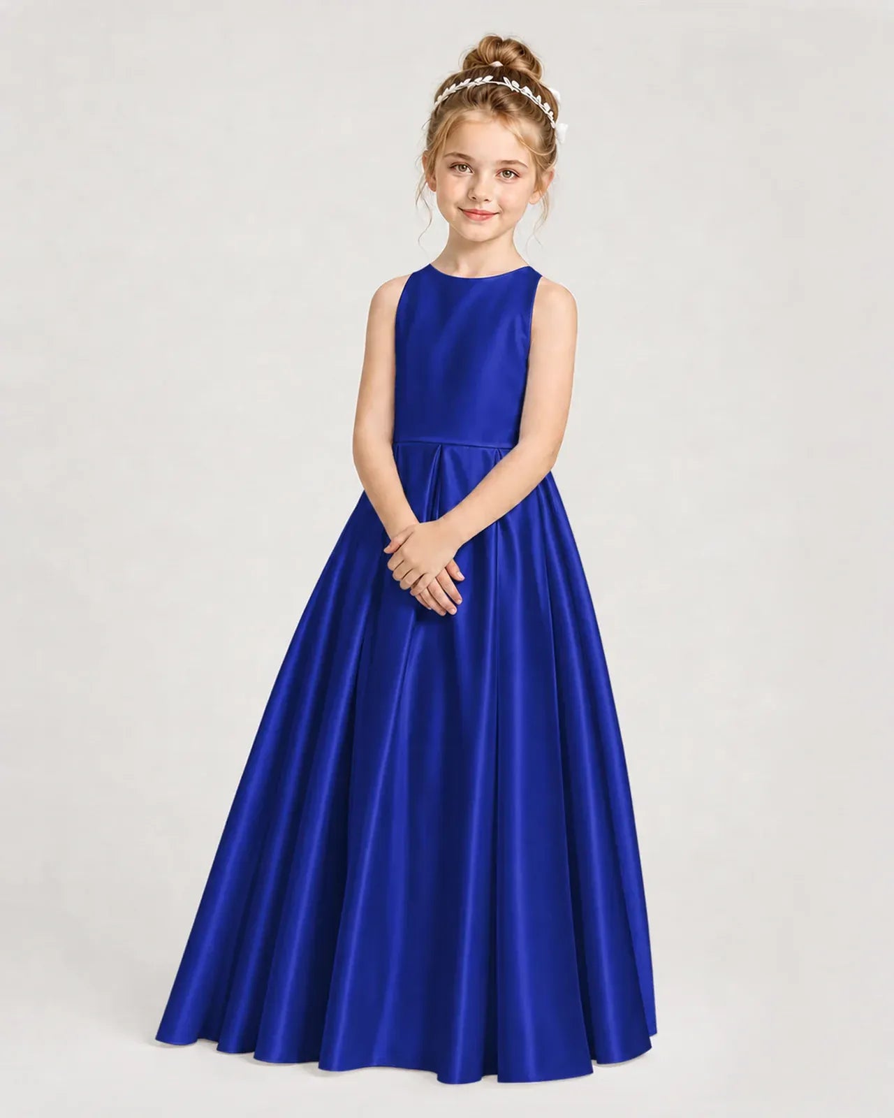 Royal Blue Satin A-line Girls Formal Dress Side View