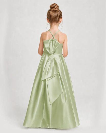 Sage Green Satin A-line Girls Formal Dress Back View