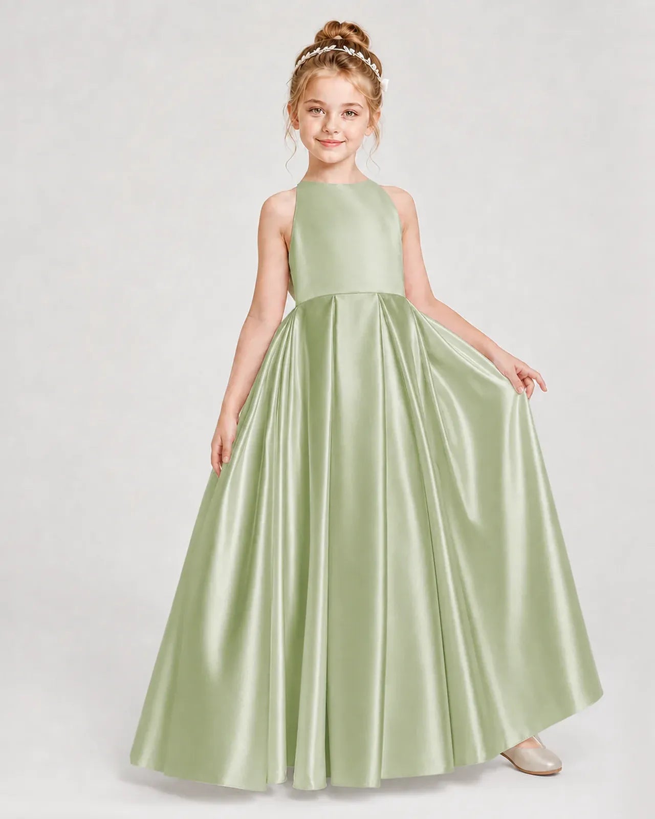 Sage Green Satin A-line Girls Formal Dress Front View