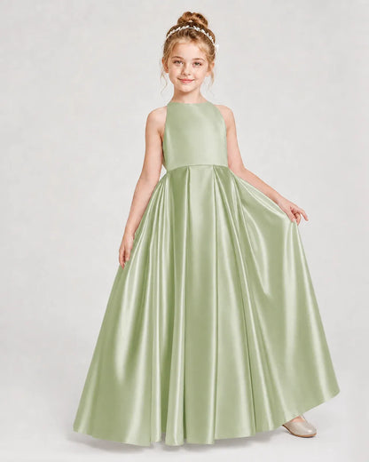 Sage Green Satin A-line Girls Formal Dress Front View