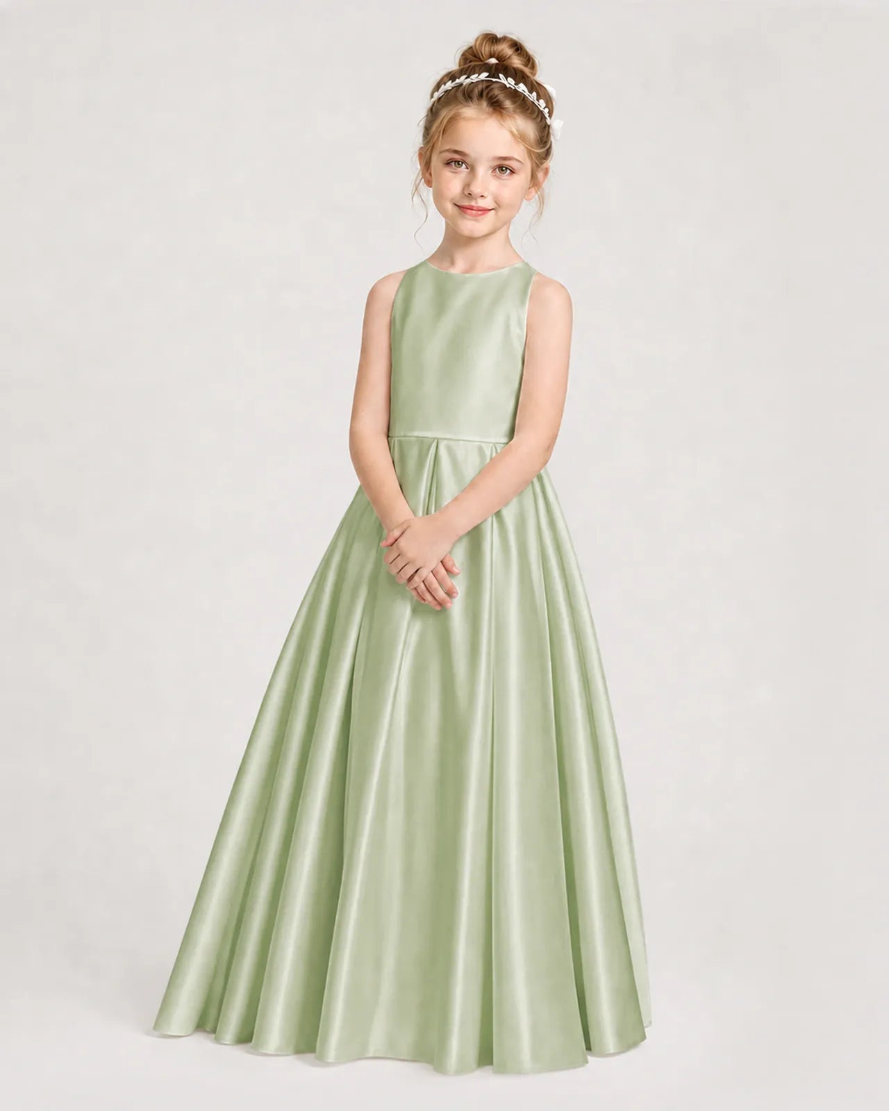 Sage Green Satin A-line Girls Formal Dress Side View
