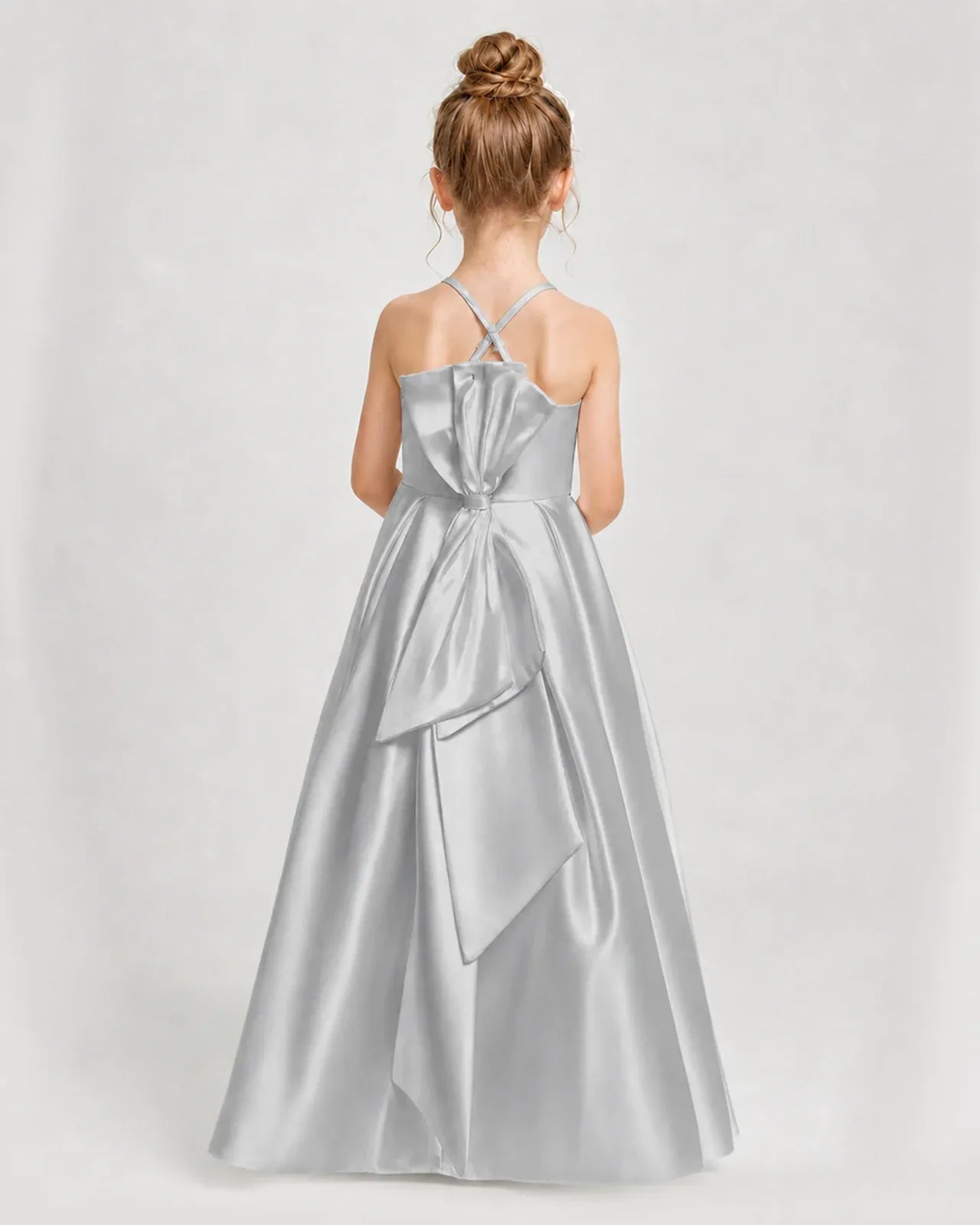 Silver Satin A-line Girls Formal Dress Back View
