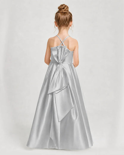 Silver Satin A-line Girls Formal Dress Back View