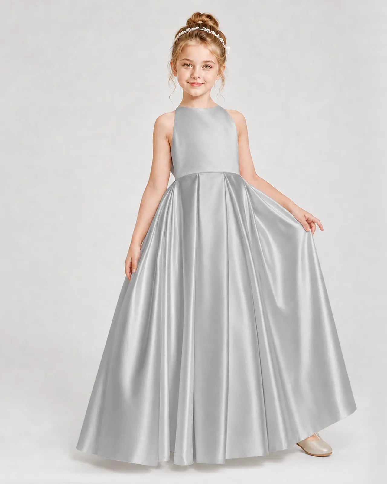 Silver Satin A-line Girls Formal Dress Front View