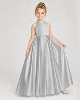 Silver Satin A-line Girls Formal Dress Front View