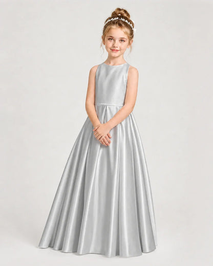 Silver Satin A-line Girls Formal Dress Side View
