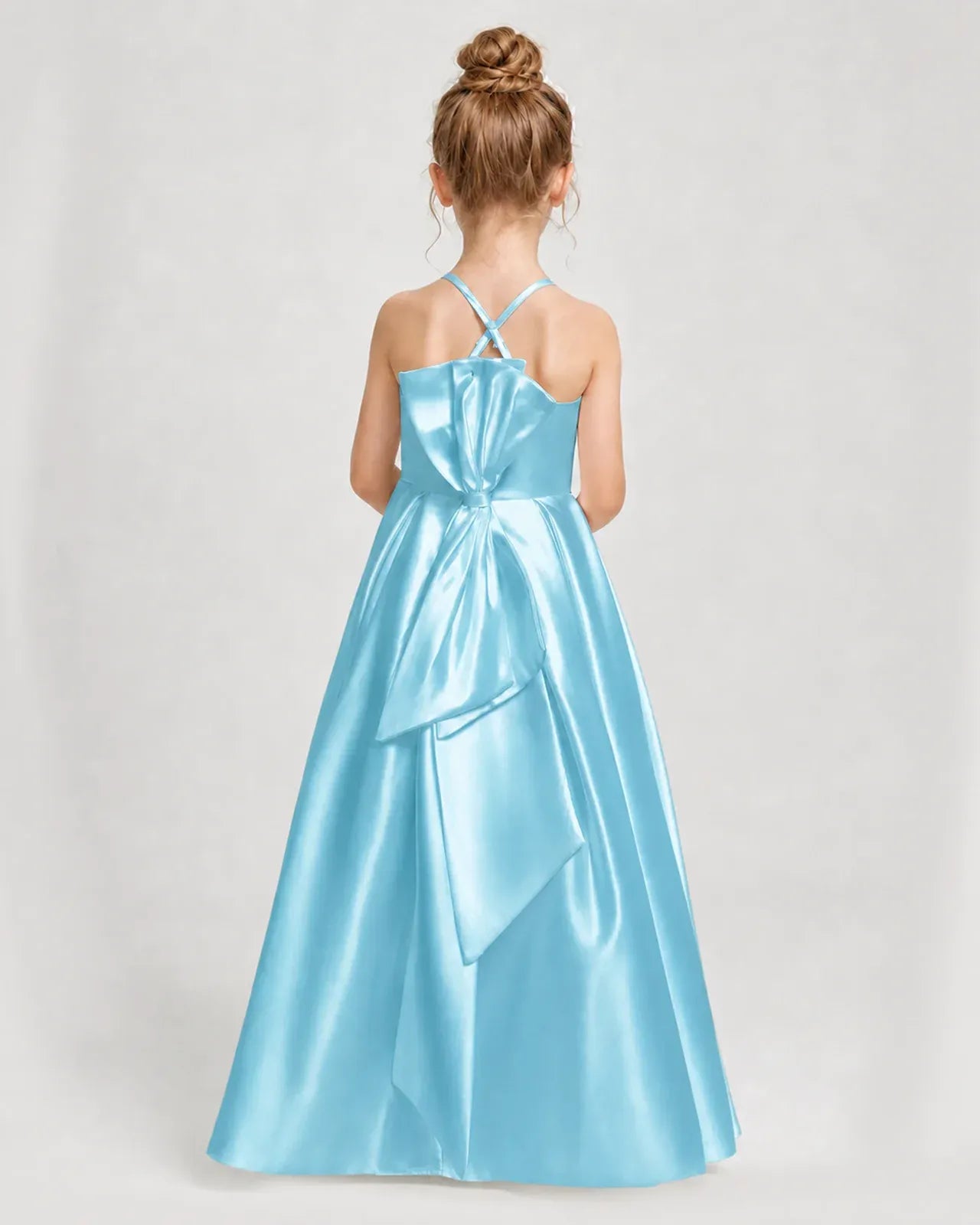 Sky Blue Satin A-line Girls Formal Dress Back View