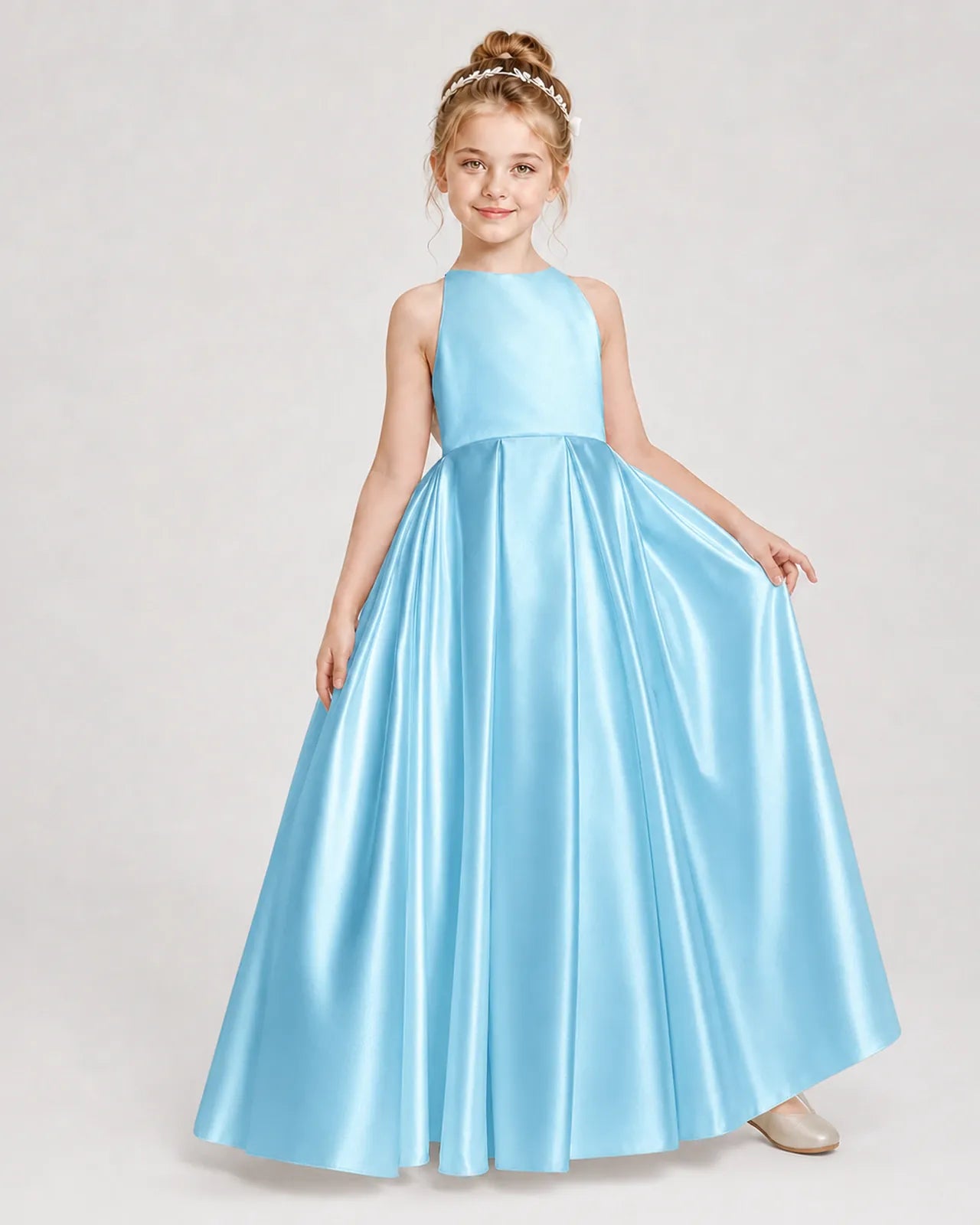 Sky Blue Satin A-line Girls Formal Dress Front View