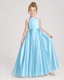 Dideyttawl Girls Formal Dress Halter Neck Bow Back Satin Floor-Length Gown