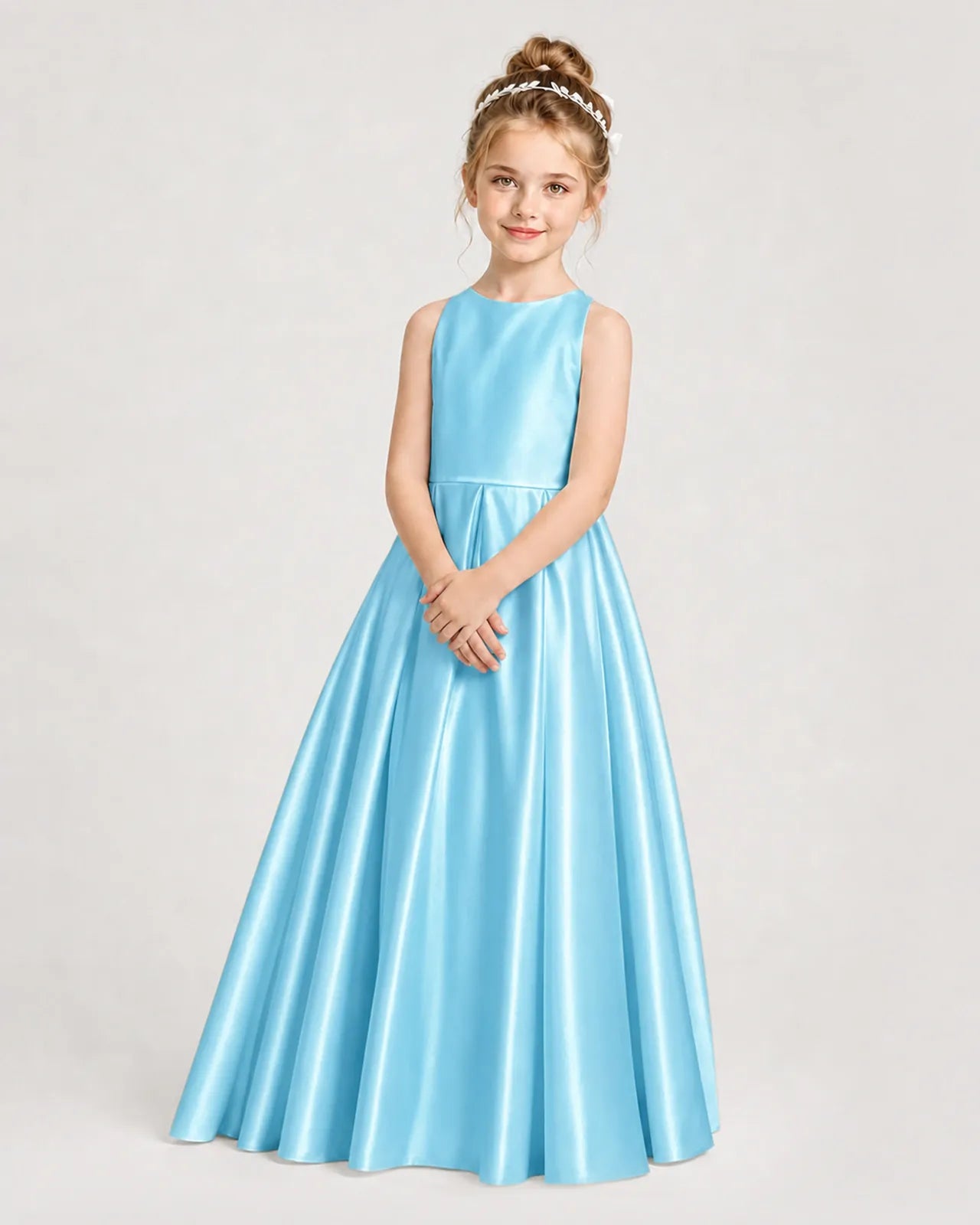 Sky Blue Satin A-line Girls Formal Dress Side View