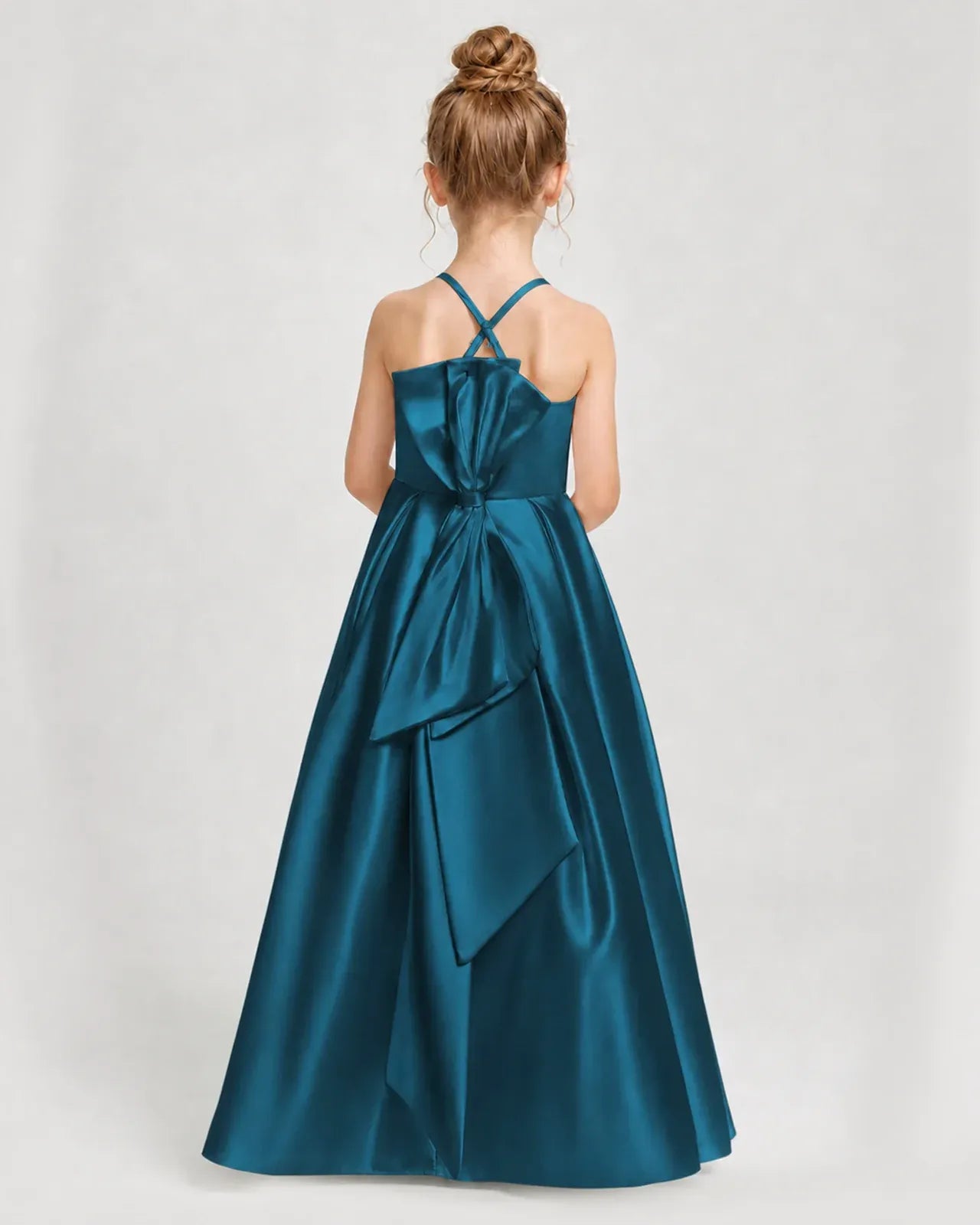 Teal Satin A-line Girls Formal Dress Back View
