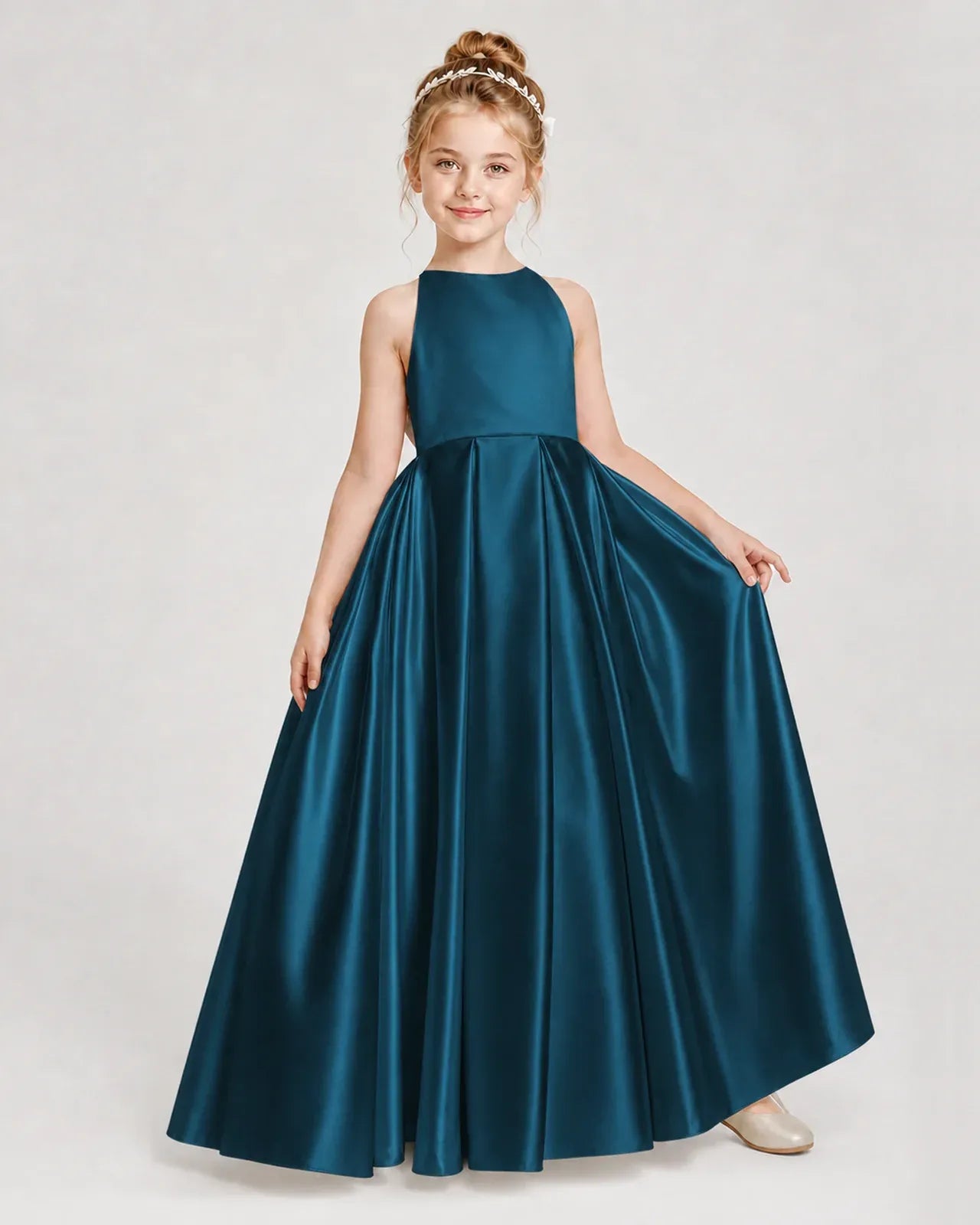 Teal Satin A-line Girls Formal Dress Front View