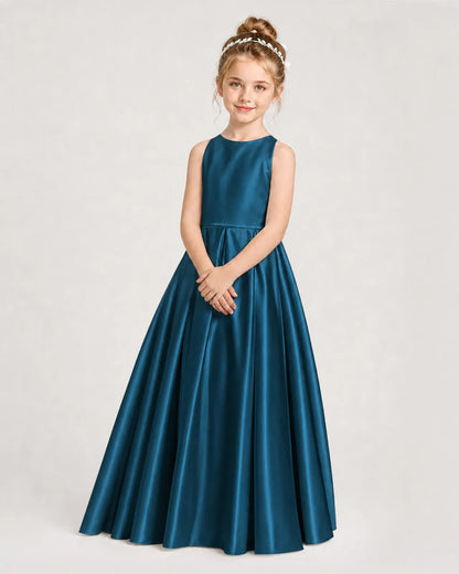 Teal Satin A-line Girls Formal Dress Side View