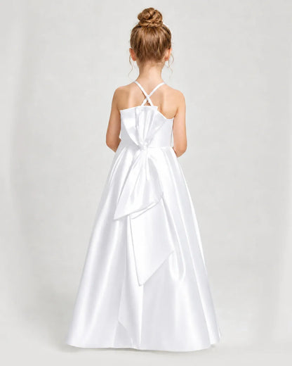 White Satin A-line Girls Formal Dress Back View