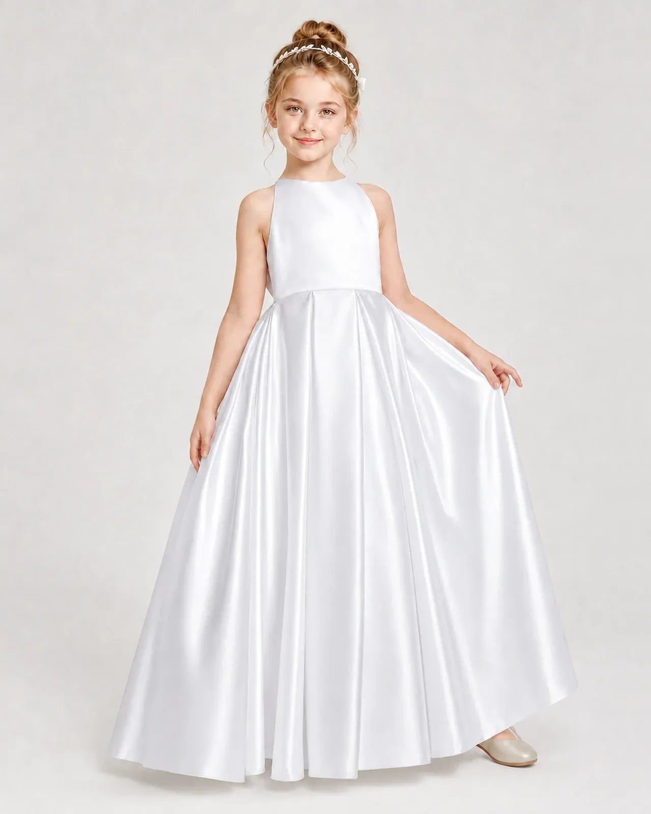 White Satin A-line Girls Formal Dress Front View