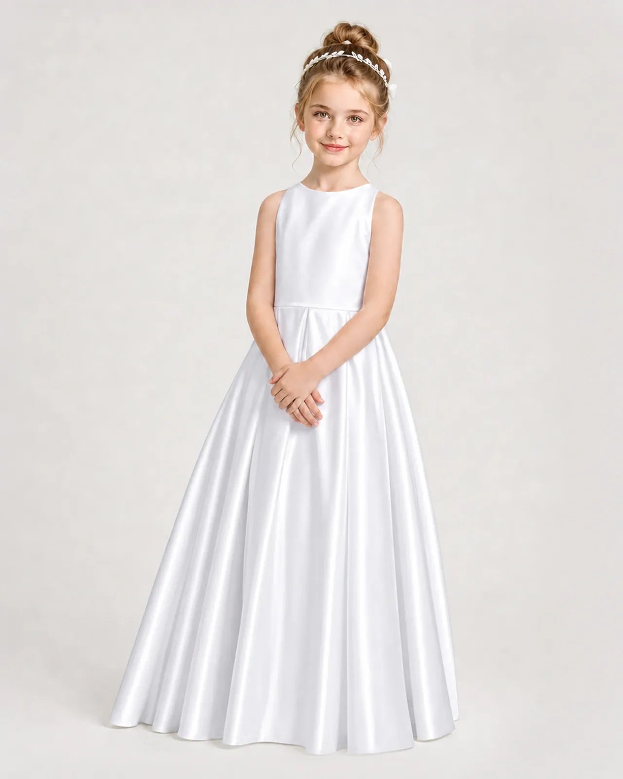 White Satin A-line Girls Formal Dress Side View