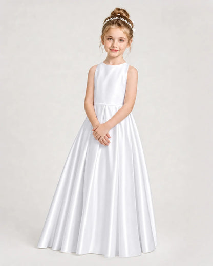 White Satin A-line Girls Formal Dress Side View