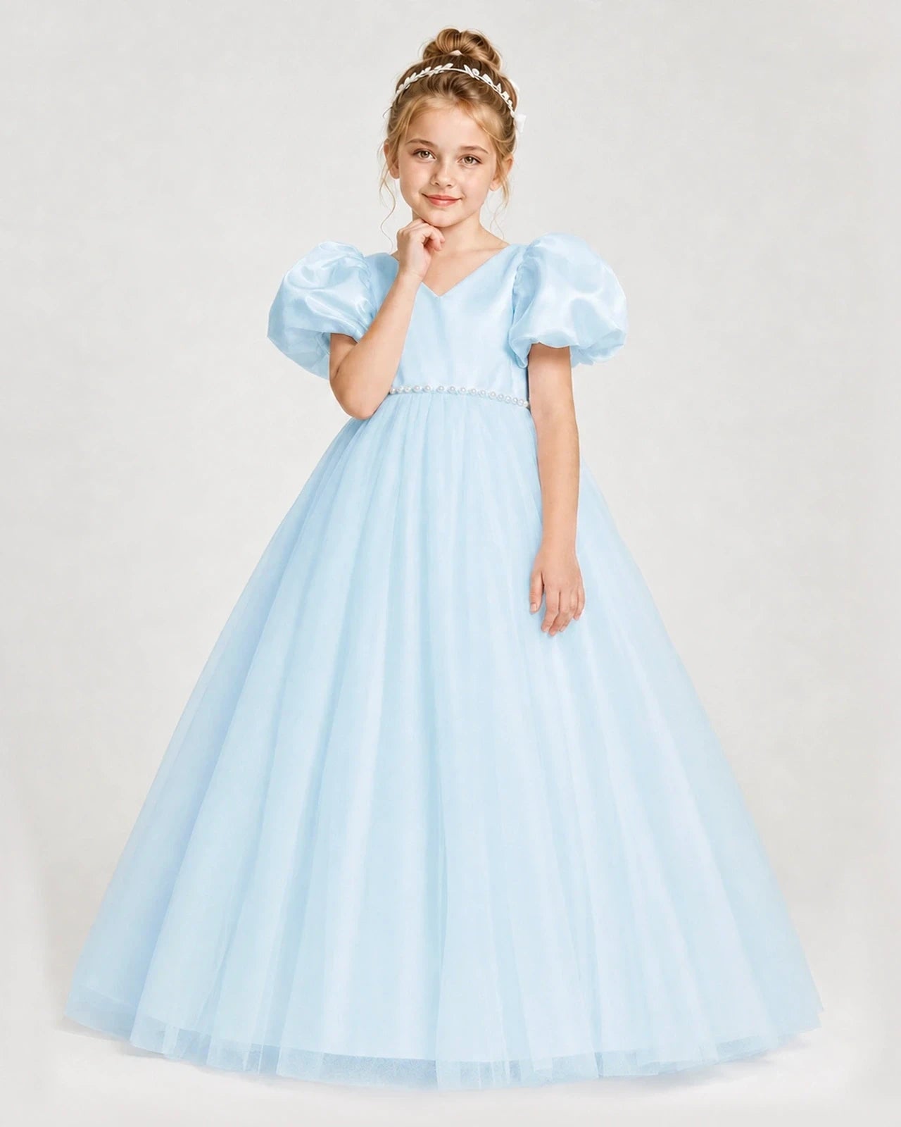 Dideyttawl V-Neck Satin Tulle Girl Formal Dress with Puff Sleeves
