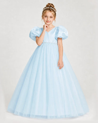 Dideyttawl V-Neck Satin Tulle Girl Formal Dress with Puff Sleeves