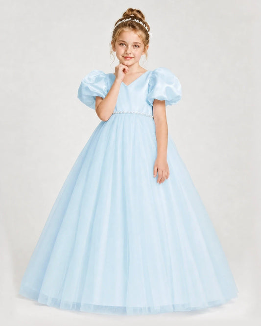 Dideyttawl V-Neck Satin Tulle Girl Formal Dress with Puff Sleeves