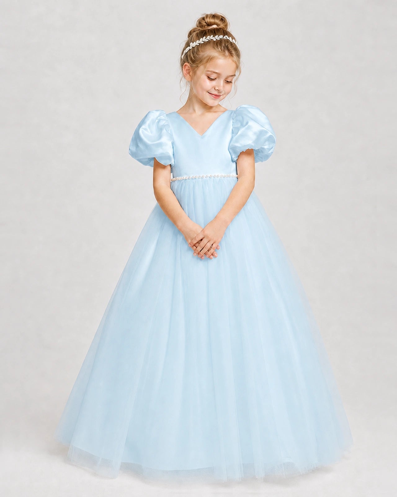 Dideyttawl V-Neck Satin Tulle Girl Formal Dress with Puff Sleeves