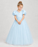 Baby Blue satin and tulle puff sleeve girls formal dress