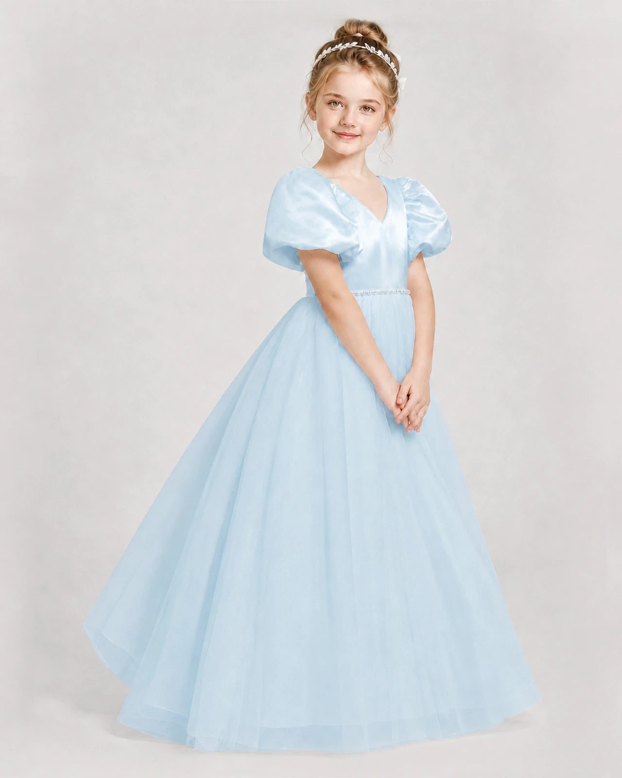 Dideyttawl V-Neck Satin Tulle Girl Formal Dress with Puff Sleeves