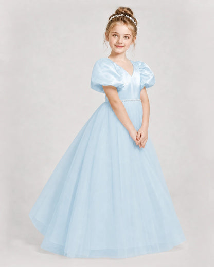 Dideyttawl V-Neck Satin Tulle Girl Formal Dress with Puff Sleeves