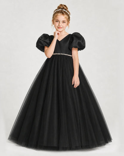 Dideyttawl V-Neck Satin Tulle Girl Formal Dress with Puff Sleeves
