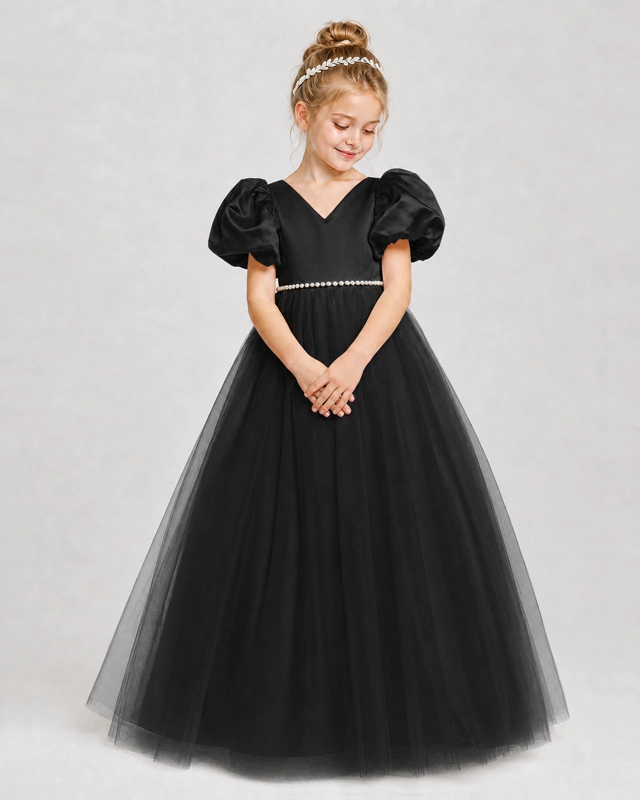 Dideyttawl V-Neck Satin Tulle Girl Formal Dress with Puff Sleeves