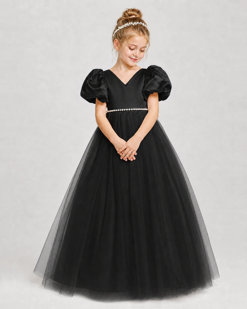 Black Satin Tulle V-Neck Girls Formal Dresses