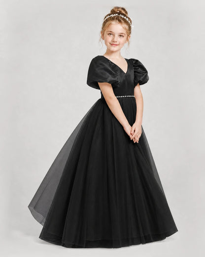 Dideyttawl V-Neck Satin Tulle Girl Formal Dress with Puff Sleeves