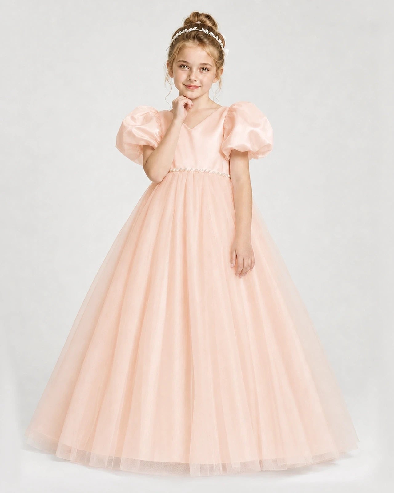 Dideyttawl V-Neck Satin Tulle Girl Formal Dress with Puff Sleeves