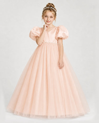 Dideyttawl V-Neck Satin Tulle Girl Formal Dress with Puff Sleeves