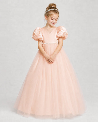 Dideyttawl V-Neck Satin Tulle Girl Formal Dress with Puff Sleeves