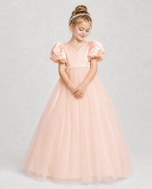 Blush Pink Satin Tulle A-Line Girls Formal Dresses