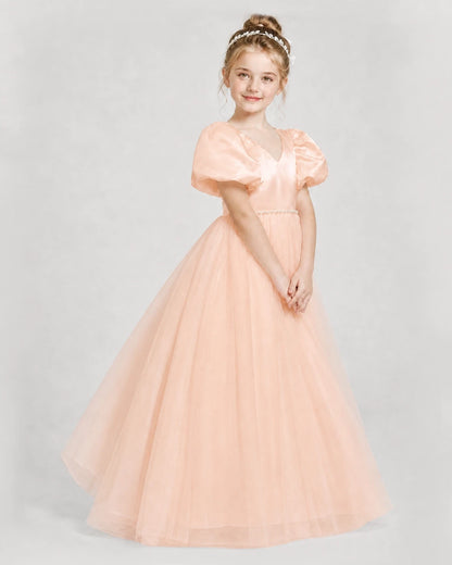 Dideyttawl V-Neck Satin Tulle Girl Formal Dress with Puff Sleeves