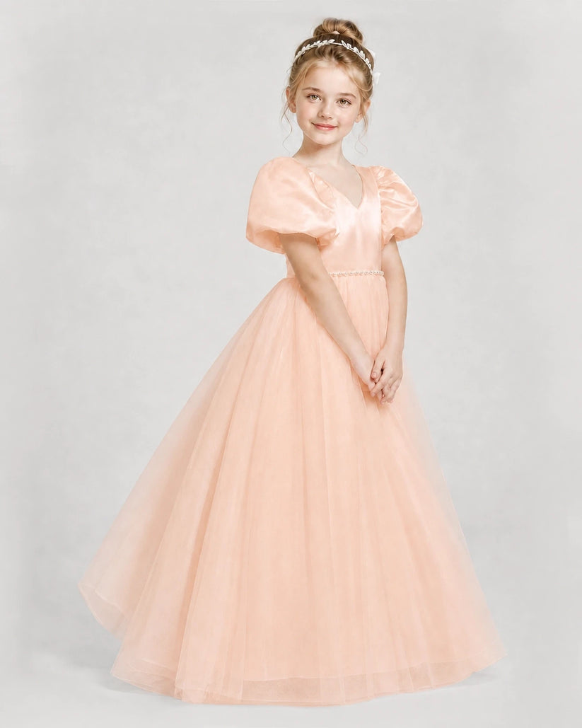 Blush Pink Satin Tulle Ball Gown Girls Formal Dresses Side View
